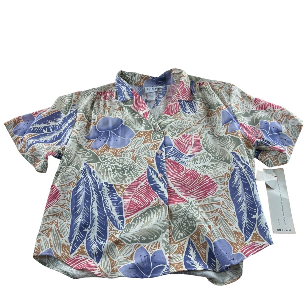 Koret‎ Petites Vintage Tropical Floral Button Front Blouse Large Short Sleeve L